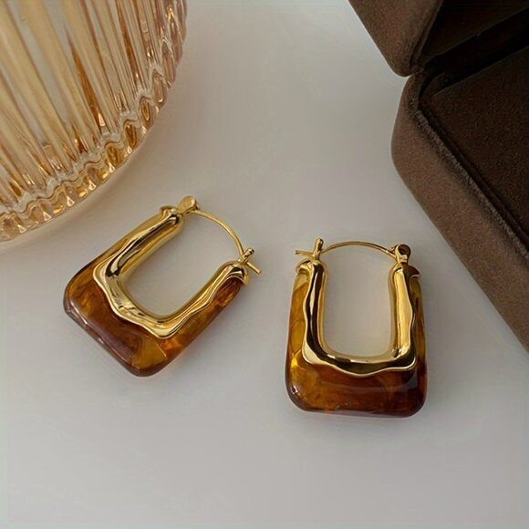 Elegant U-shaped Hoop Earrings, Vintage Style, Resin Exquisite Clasp  Earring - Picture 8 of 9